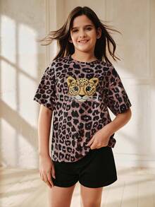 Anewsta 女孩可爱眼镜豹纹印花休闲街头风酷女孩T恤，夏季 - 灰色 - 查看 3