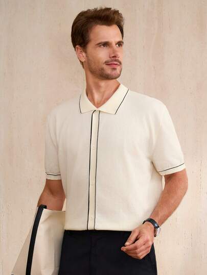 Manfinity CityGents Camiseta de punto de manga corta con ribete de contraste, informal para primavera/verano