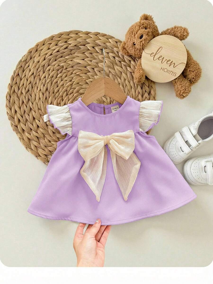 Áo kiểu tay ngắn màu đỏ dễ thương cho bé gái, thắt nơ, đa năng cho mùa hè. - Màu tím - Xem 1