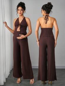 Momance 女士夏季露背系带上衣 + 可调节腰围裤子两件套，孕妇装 - 棕色 - 查看 1