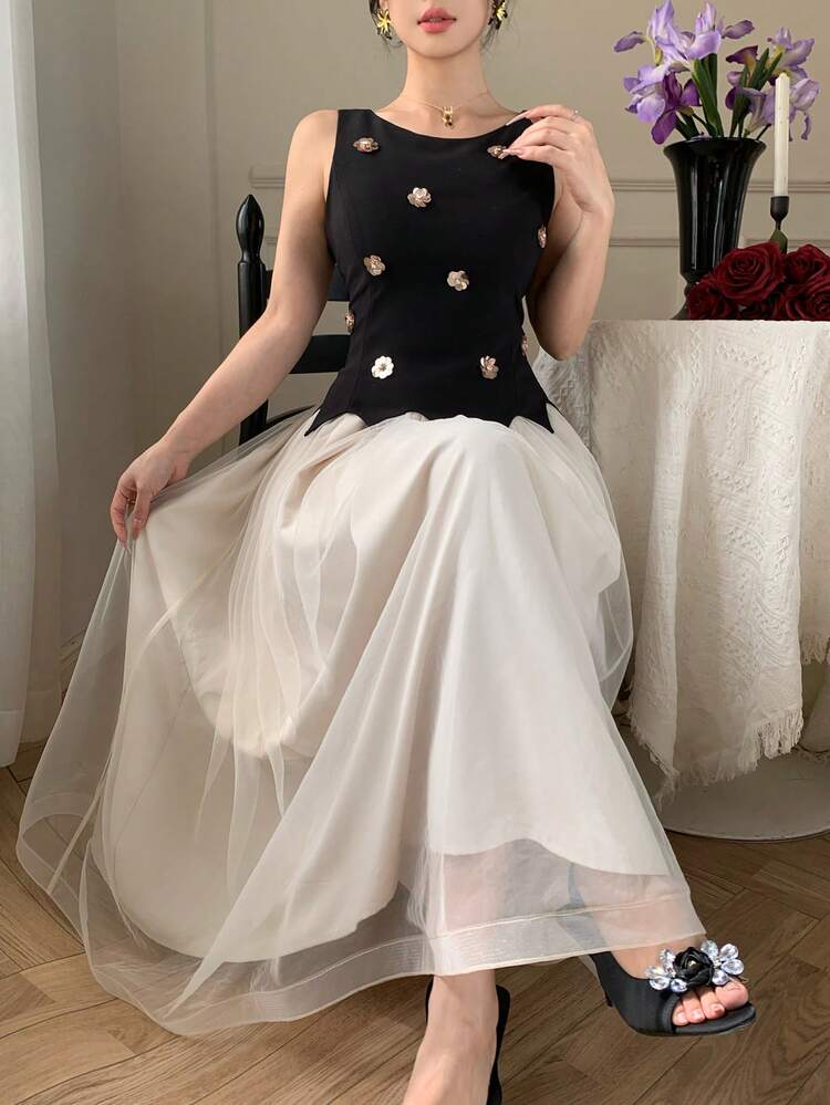 Women's Elegant Colorblock Sequin Sleeveless Dress, Suitable For Spring And Summer