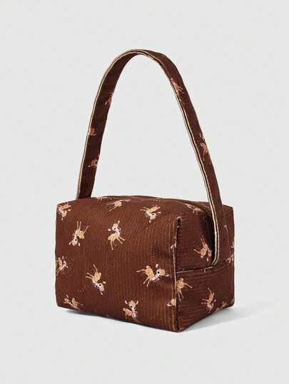 Kawaii 1 pezzo, borsa da viaggio per il trucco con motivo a fiocco e cervo, design in velluto a coste, grande capacità