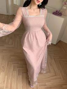 Joudiya Đầm midi hoa nhí thêu màu hồng bằng vải organza, thanh lịch cho mùa xuân và mùa hè, thích hợp cho Ngày Valentine, đám cưới, tiệc tùng, các dịp trang trọng, thời trang, đi làm, eo ôm, tay xòe, kiểu đầm chống nắng dành cho nữ. - Hồng - Xem 3