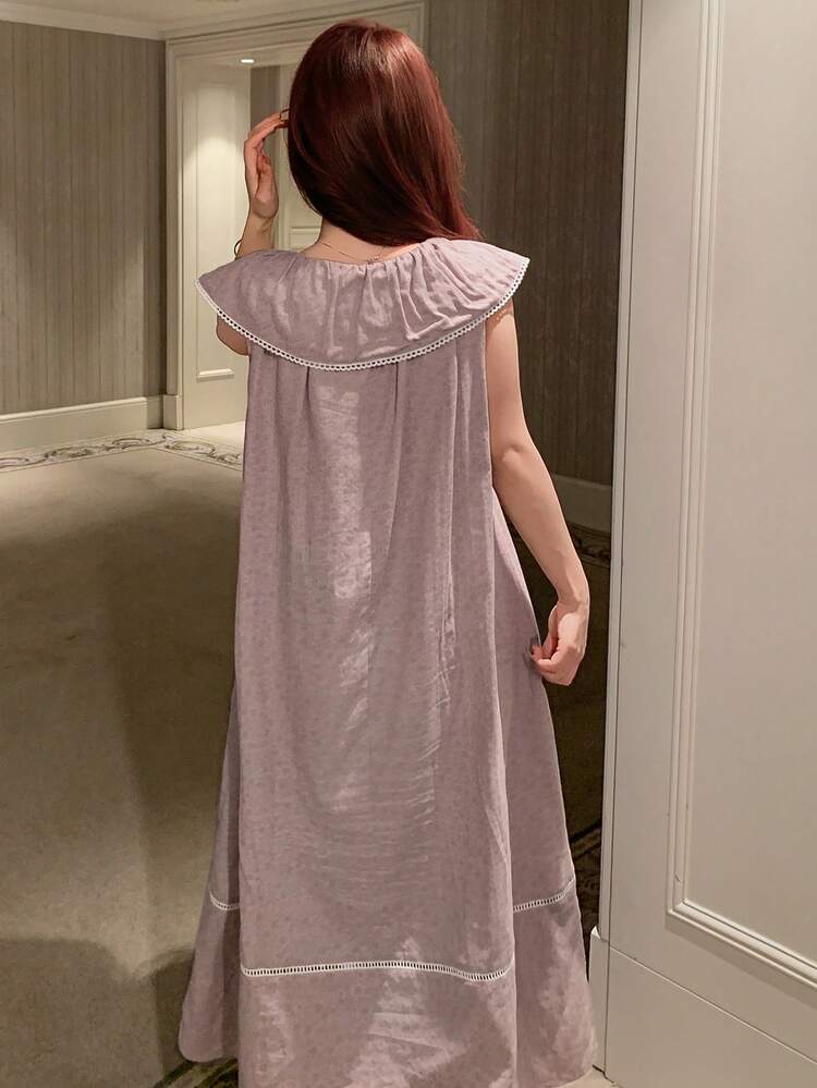 Sweet Floral Ruffle Collar Loose Long Nightgown With Contrast Trim For Women