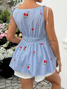 SHEIN Maternity Spaghetti Strap Waist Cinching Plaid Cherry Print Summer Shirt - Blue and White - View 2