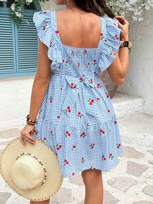 SHEIN Đầm bầu mùa hè in hình quả anh đào, kẻ caro, viền bèo nhún, cổ vuông, tay ngắn. - Xanh và trắng - Xem 2