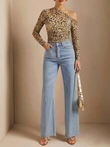 SHEIN BAE 女士豹纹褶皱休闲百搭日常长袖T恤 - 棕色 - 查看 3