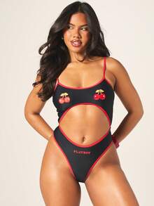 Missguided x Playboy 女士连体镂空樱桃贴花比基尼泳衣，红色撞色滚边，可调节肩带，适合海滩度假泳池派对 - 黑色 - 查看 3