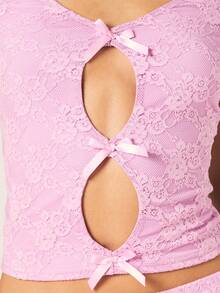 MISSGUIDED Lace Bow Tie Cut Out Cap Sleeve Cropped Top Pink Feminine Summer - Pink - View 2