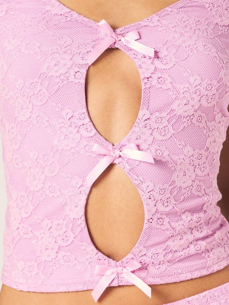 MISSGUIDED Lace Bow Tie Cut Out Cap Sleeve Cropped Top Pink Feminine Summer