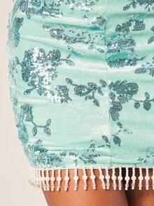 MISSGUIDED Women's Sequin Velvet Mint Cut Out Mini Dress With Beaded Fringe Trim Strapless Bodycon Party Cocktail Evening Formal Occasion - Green - View 5