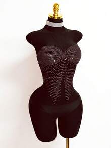 EgrlEra Tall Tirantes de mujer con strass y malla, sexy y brillante, adecuado para fiestas y vacaciones - Negro - Ver 5