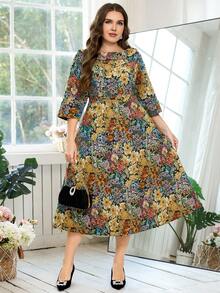 Ellevyn 大码女士优雅提花长袖中长连衣裙，适合派对和外出，秋冬季 - 彩色 - 查看 4