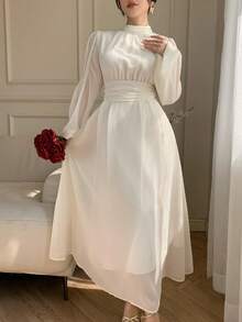 DAZY Damen elegantes einfarbiges plissiertes Stehkragen Petal-Ärmel Midi-Kleid, Frühlings-/Sommer-Sonnenkleider für Frauen - Aprikosenfarben - Übersicht 7