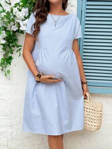 SHEIN 孕妇条纹印花圆领短袖连衣裙 - 藍白色 - 查看 8