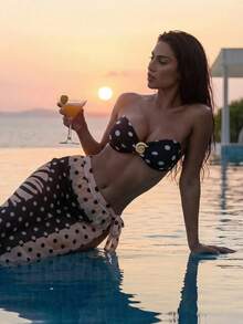 Bonvoyette 女士夏季沙滩波点印花抹胸性感比基尼套装，含罩衫和裙子 - 黑色 - 查看 1