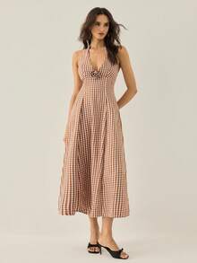 SHEIN ChicEase Đầm ôm dáng, cổ chữ V sâu, thắt eo, họa tiết kẻ caro dành cho nữ. - màu nâu - Xem 6