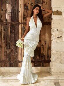 Opulessa 纯色编织露背吊带V领连衣裙，适合春夏度假穿着 - 米色 - 查看 8