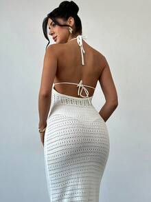 Firerie Women's Sexy Spaghetti Strap V-Neck Hollow Out Wooden Bead Fitted Knit Dress, Vacation Spaghetti Strap Backless Ombre Dress For Holiday, Date, Afternoon Tea, Music Festival, Boho - White - View 2