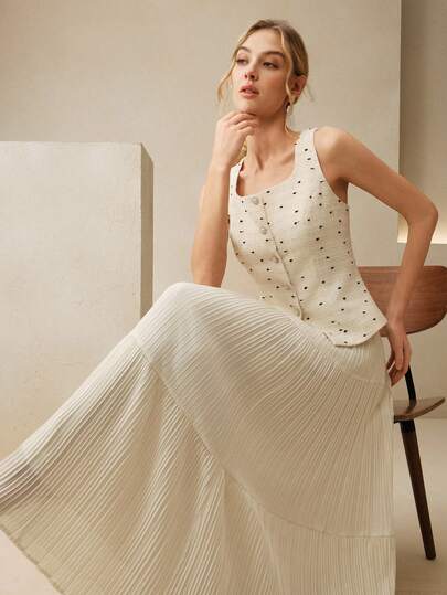 Anewsta סט 2 חלקים לנשים, אביב/קיץ, אופנתי ואלגנטי, וסט עם טקסטורה, צווארון מסיבה, אבזם ריינסטון, מותן, ווסט וחצאית קפלים