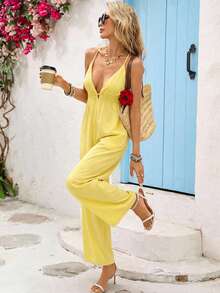 Vivid Eden 女士度假休闲纯色露背吊带连体裤，波西米亚风印花无袖连体裤，休闲度假装，春夏，女士春季服装，夏季连衣裙，女士夏季服装，夏季穿搭，夏季度假装，波西米亚风连体裤，阔腿连体裤，波西米亚风夏季连体裤，印花连体裤，黄色连体裤，女士黄色度假连体裤，女士黄色连体裤，黄色夏季连体裤，黄色沙滩连体裤 - 鵝黃色 - 查看 2