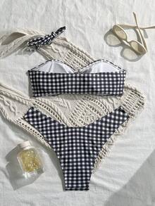 Swim Mod 女士黑白格子细肩带性感沙滩度假泳装套装 斑马纹比基尼套装 女士泳装 格纹比基尼两件式泳衣 抹胸比基尼 沙滩装 夏季泳装 比基尼套装 女士泳衣 格纹比基尼 - 黑與白 - 查看 2