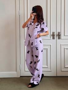 Hand-Painted Animal Print Short Sleeve & Pants Women Lapel Cardigan Pajama Set - Mauve Purple - View 4
