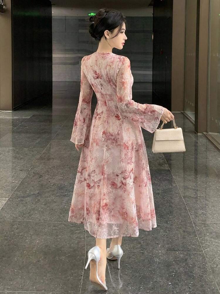 Women's V-Neck Printed Waist Flared Sleeve Loose Dress, Tie Dye Design, Spring/Summer Sundress