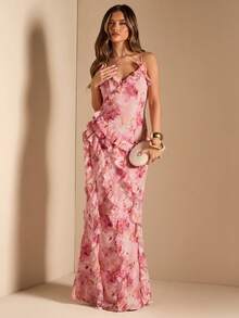 SHEIN BAE Vestido de sirena con cuello en V de jacquard floral, volantes en el bajo, vestido floral, vestido de cita, vestido de boda, primavera/verano - Rosa - Ver 3