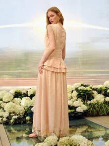 PREMIUM WOMEN'S ROMANTIC EMBROIDERED LACE TRIM LONG DRESS, SPRING/SUMMER - Coral Pink - View 9