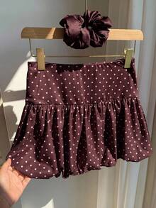 Comfortcana 女士极简波点印花A字迷你裙，休闲日常穿着，棕色波点迷你裙，可爱百褶裙 - 棕色 - 查看 2