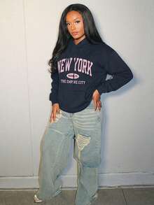 Steph T 女士简约印花连帽长袖运动衫，女士春/秋季休闲抽绳口袋长袖连帽常规版型常规深灰色落肩套头衫女士连帽衫，长袖上衣 - 深灰色 - 查看 6