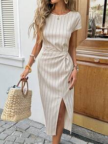 SHEIN LUNE Women's Casual Striped Summer Vacation & Commute Daily Basic Fashion Twist Knot Mid-Length Dress, Short Sleeve - Apricot - View 1