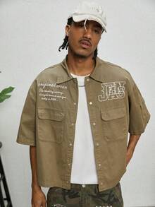 GALLERY FADE Men's Casual Street Style Embroidered Pocket Military Green Denim Short Sleeve Shirt - Army Green - View 6