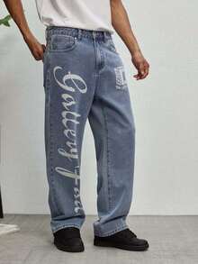 GALLERY FADE Men's Hip Hop Street Fashion Letter Print Washed Straight Leg Wide Jeans - Light Wash - View 3