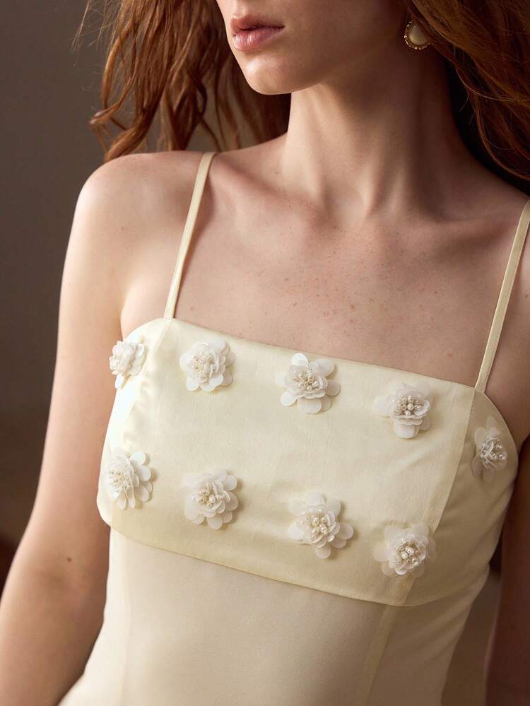 SEQUINS 3D FLORAL DETAIL FLARE HEM SLIP DRESS