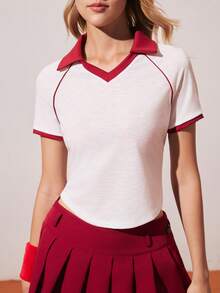 Gameset SHEIN Sport 女士撞色短袖休闲运动Polo衫网球衫女士健身上衣网球衫女士高尔夫上衣女士网球衫球场上衣可爱网球服女士高尔夫上衣Polo衫女士夏季上衣女士高尔夫套装高尔夫T恤女士运动衫 - 白色 - 查看 1