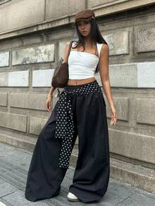 Coolane Polka Dot Print Twist Elastic Waist Casual Wide Leg Woven Women Pants - Black - View 4