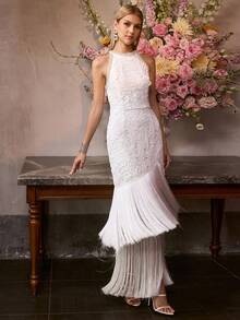 MOTF Soiréza ELEGANT HIGH-END BACKLESS CONTRAST LACE FRINGE HEM COCKTAIL DRESS, SPRING/SUMMER - White - View 3