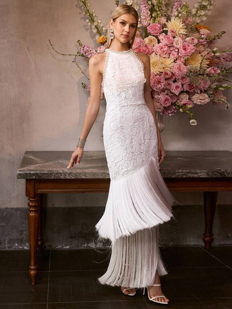 MOTF Soiréza ELEGANT HIGH-END BACKLESS CONTRAST LACE FRINGE HEM COCKTAIL DRESS, SPRING/SUMMER