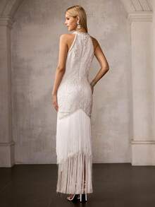 MOTF Soiréza ELEGANT HIGH-END BACKLESS CONTRAST LACE FRINGE HEM COCKTAIL DRESS, SPRING/SUMMER - White - View 4