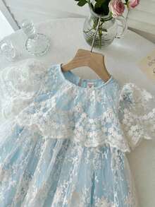 LMoss Kids Vestido casual de malha bordada com gola redonda e cor sólida para menina. - Baby Azul - Ver 5