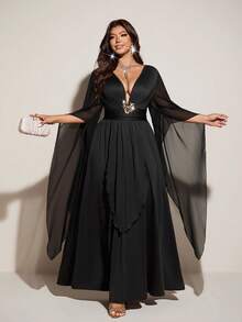 Viva Relle Sexy & Elegant Solid Color Deep V-Neck Waist Cinched Long Dress - Black - View 3