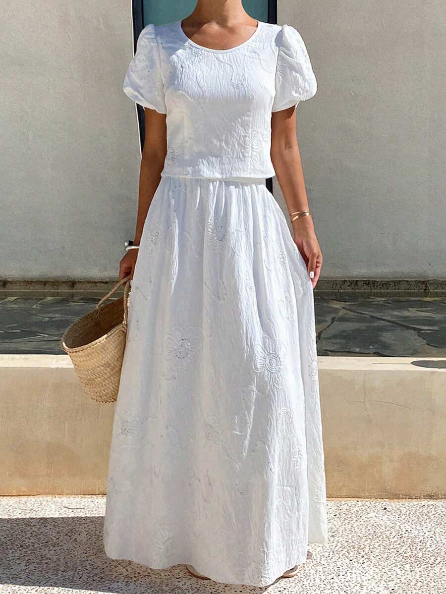 Livesso Women's Elegant Party Holiday Easter White Petal Sleeve Top And Casual Skirt 2 Pieces Set, Vacation - White - View 1