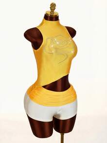 Amplova Y2K Rhinestone Embellished Top With Asymmetrical Hem, Low Waist Women Shorts, 2-Piece Set - Yellow - View 6