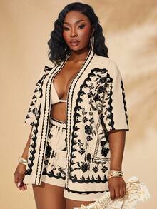 SHEIN SXY Plus Size Women's Spring&Summer Elegant Sexy Holiday Printed Beach Set With Short Sleeve Shirt And Elastic Waist Shorts 2PC-SET,Suitable For Everyday Wear,BOHO,Bohemian,Outing,Beach Vacation,Holiday,Seaside,Western Wear,Music Festival,Concert,Carnival Party,Richly Layered,Date Night,Ibiza,Nashville,Break,Modest,Chic,Club,Cute,Casul,Shopping, Streetwear,Going Out, ,Easy To Match&Looks Slim,Accent Your Body,Flatter The Figure Plus Size 2 Piece Sets Plus Size Summer Matching Sets Plus Size Cardigan - Black - View 1