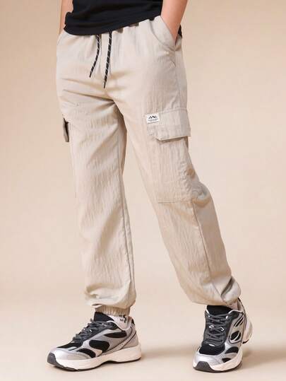 SUMWON Boys Drawstring Cargo Jogger Pants With Side Pockets Elastic Cuff Casual Everyday Comfortable Pull On Woven Trousers