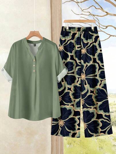 Rusticease Plus Size Women's Casual Vacation Notched Neck Roll Tab Sleeve Loose Top And Floral Print Wide Leg Loose Pants Set, Spring/Summer/Autumn