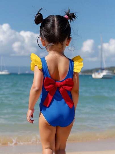 SHEIN Baby Girl Colorblock Bow Decor One-Piece Swimsuit, Suitable For Beach Vacation, Pool Party, Beach Party