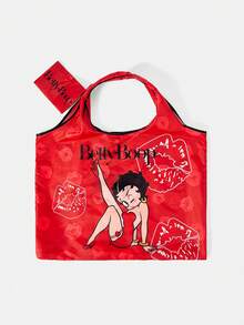 Betty Boop x SHEIN Fashion College Badge Pattern Waterproof Large Capacity Tote Bag - Red bottom lip - View 4